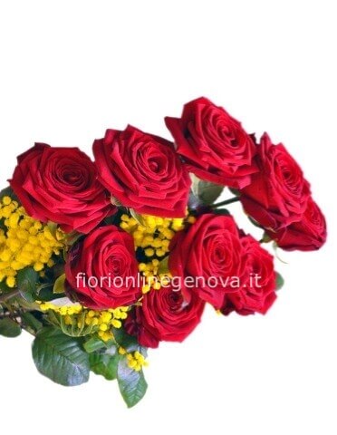 mazzo rose rosse con mimosa